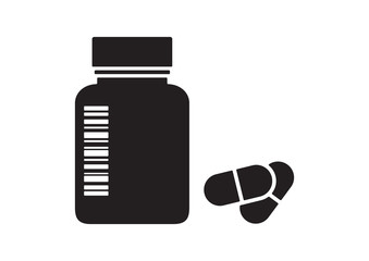 Drugstore. Medicine bottle and pills. Medicament. Black and white capsules. Vector illustration