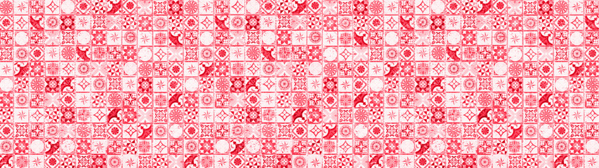 Colorful abstract red white vintage retro geometric square mosaic motif tiles texture wide background banner panorama
