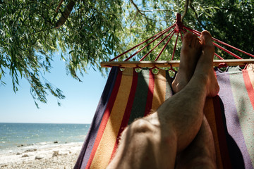 Male legs in a hammock in the shade of trees on the seashore