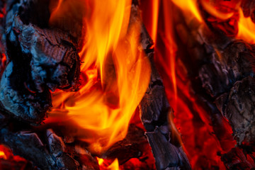 Campfire coals, Firewood burning on grill. Texture fire bonfire embers. Smoldering fire. Burning log of wood close-up as abstract background. The hot embers of burning wood log fire.