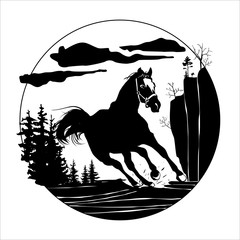 Decorative horse with nature pine forest, rocky mountain landscape and clouds.Isolated vintage vector illustration.Tattoo, travel, adventure, symbol of wild nature.Natural spaces.Ecology.
