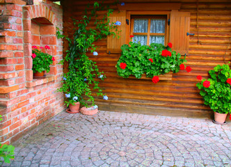 gartenhaus Holzhaus mit Baumstamm und gepflastert