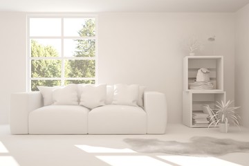 Stylish room in white color with sofa and green landscape in window. Scandinavian interior design. 3D illustration