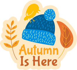 Autumn is here. Cute badge with knitted hat