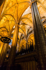 Barcelona, Catalonia, Europe, Spain, September 22, 2019. Awesome interior of the Cathedral of the...