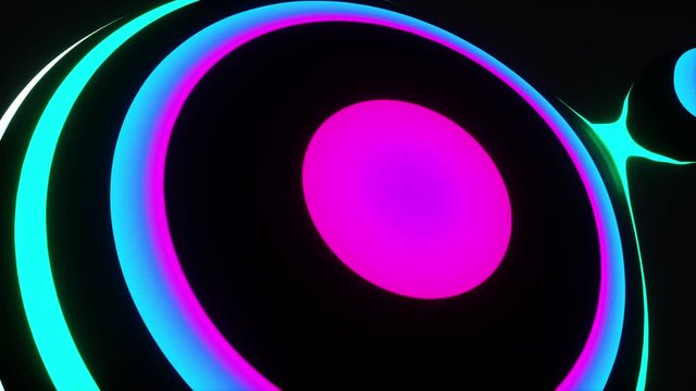 3d render of abstract art of surreal animated video with super colourful background based on balls in deformation process with parallel lines on surface in yellow purple white neon glowing color 