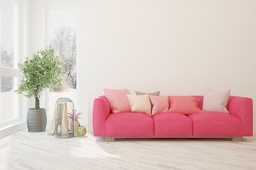White stylish minimalist room with coral sofa. Scandinavian interior design. 3D illustration