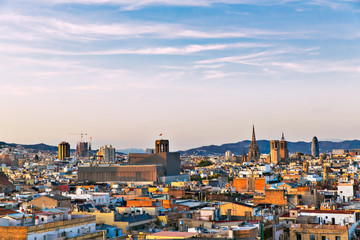 Obraz premium Barcelona, Catalonia, Europe, Spain, September 22, 2019. Top panoramic view of the Barcelona landscape. Historical buildings in the background.