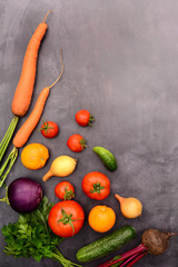 Bright fresh vegetables on a gray background, top view.