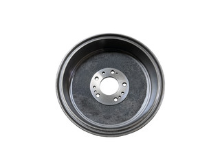 Brake drum car isolated on white background. New spare parts.