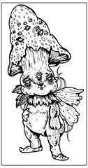 Magic creature, fairytale isolated character, small cute plump mushroom in large hat with beautiful collar and plump cheeks, leaves, vegetation, and wings on its back, stand in full growth in shoes.