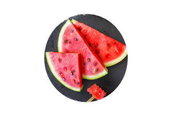watermelon slices pieces red ripe berry juicy sweet dessert fruit food background top view copy...