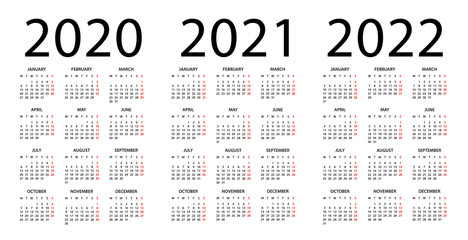 Calendar 2020 2021 2022 - illustration. Week starts on Monday. Calendar Set for 2020, 2021, 2022 years