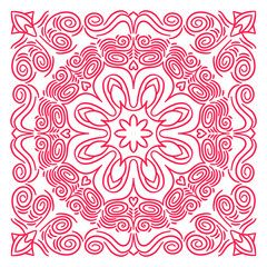 Ornament of silhouette flowers, circles, twisted leaves in a square. Print for the cover of the book, postcards, t-shirts. Illustration for rugs.