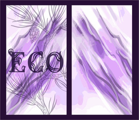 The inscription "eco" with a forest cone on a beautiful watercolor decorative background. Botanical design. Perfect for postcards, banners, covers, invitations. EPS 10
