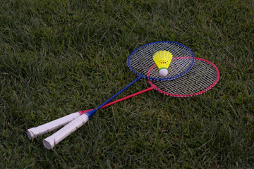 raquetas roja y azul con pluma amarilla badminton