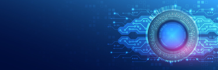 Hi tech circuit board design innovation concept. Abstract futuristic wide communication vector illustration. Sci fi technology on the blue background.Web