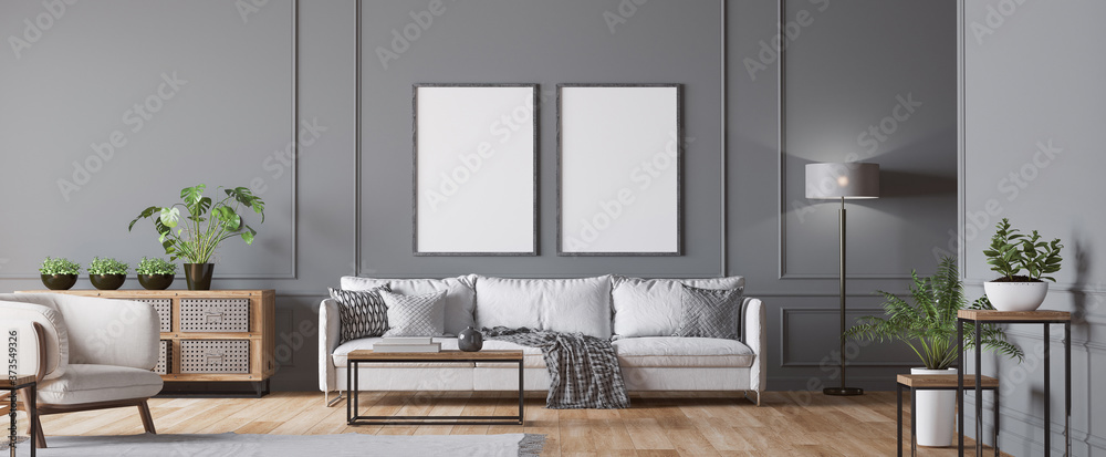 Wall mural frame mockup in living room interior , white sofa, armchair, lots of fresh plants and wooden coffee 