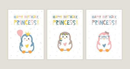 Set of birthday greeting cards design. Cute and fun festive postcard with hand drawn lettering