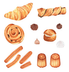 The set of delicious pastries on a white isolated background. There are croissant, raisin roll, stripe with chocolate drops, cures, profiterole, meringue and canele. Watercolor illustration. 