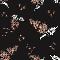 Vector seamless floral pattern. Elegant abstract botanical background with scattered fluffy flower branches, leaves. Simple texture in coral, black and white color. Stylish modern repeatable design