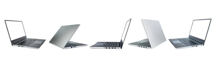 collection, Modern slim design laptop, with blank screen, Aluminum material isolated on white background. template laptop Mock up. File contains with clipping path so easy to work.