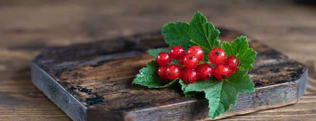 Red currant with leaves on rustic wooden table, banner