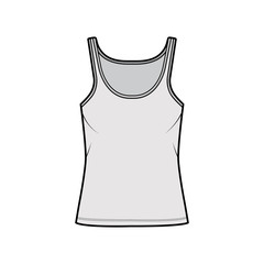 Cotton-jersey tank technical fashion illustration with scoop neck, relaxed fit, tunic length. Flat outwear basic camisole apparel template front, grey color. Women men unisex shirt top CAD mockup