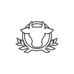 Cow head with leaves. Black line icon. Farm Animal. Beef, milk, lactose symbol.