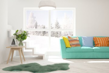 White stylish minimalist room with colorful sofa and winter landscape in window. Scandinavian interior design. 3D illustration