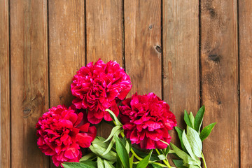 Bright peony flowers on brown wooden table. womans day or wedding background.