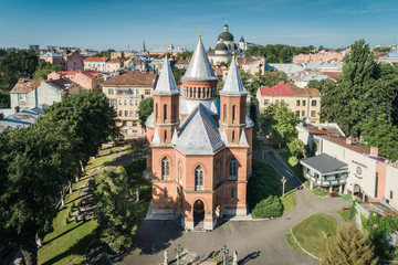 Fototapeta na wymiar Aerial view of an Organ hall located in former armenian church in Chernivtsi, Ukraine.