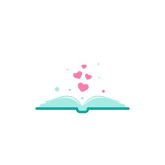 Open book with blue cover and pink hearts flying out. Isolated on white background.