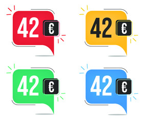 42 euro price. Yellow, red, blue and green currency tags with speech  balloon concept.