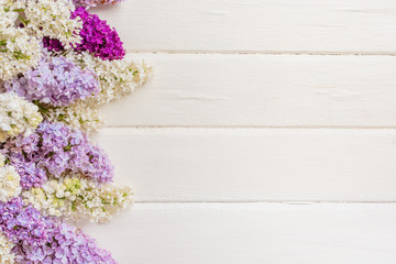 Lilac flowers branch on white wooden background with copyspace.
