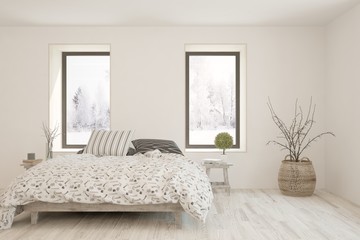 Fototapeta na wymiar White stylish minimalist bedroom with winter landscape in window. Scandinavian interior design. 3D illustration