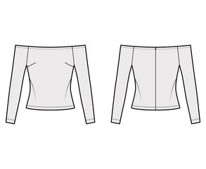Off-the-shoulder top technical fashion illustration with close fit, long sleeves, concealed zip fastening along back. Flat apparel template front, back, grey color. Women men unisex shirt CAD mockup