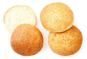 Hamburger buns, burger whole and cut on white background, isolated. The view from top