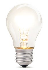 An incandescent lamp glows on a white background. Isolated