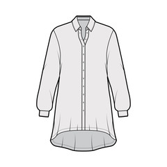 Oversized shirt dress technical fashion illustration with long sleeves, regular collar, high-low hem, front button-fastening. Flat template front grey color. Women men unisex top CAD mockup 