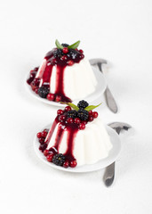 Dessert cream pudding with sauce and fresh berries on a plate on a white background