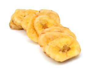 Banana chips on white background