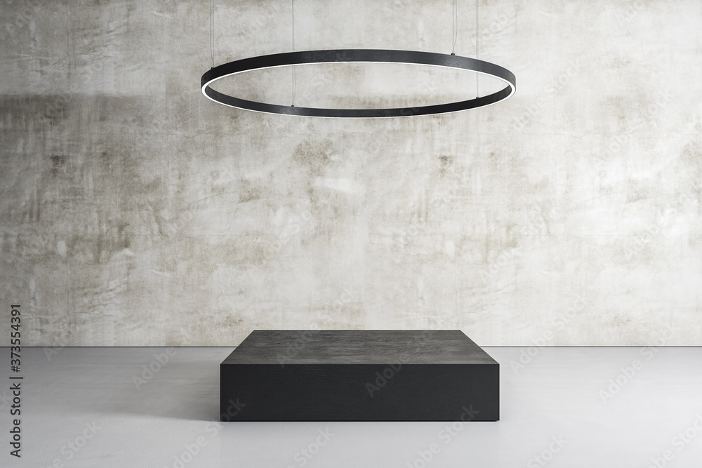 Aufkleber Minimalistic empty hall with podium in center and circular lamp.