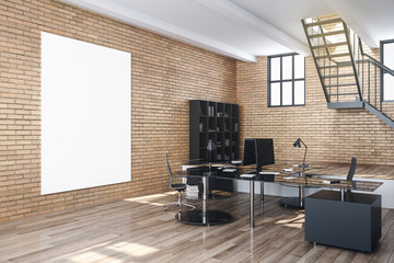 Modern home office with empty poster on wall.