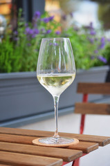 Close up of glass of white wine standing on a wooden table, flower pot in background