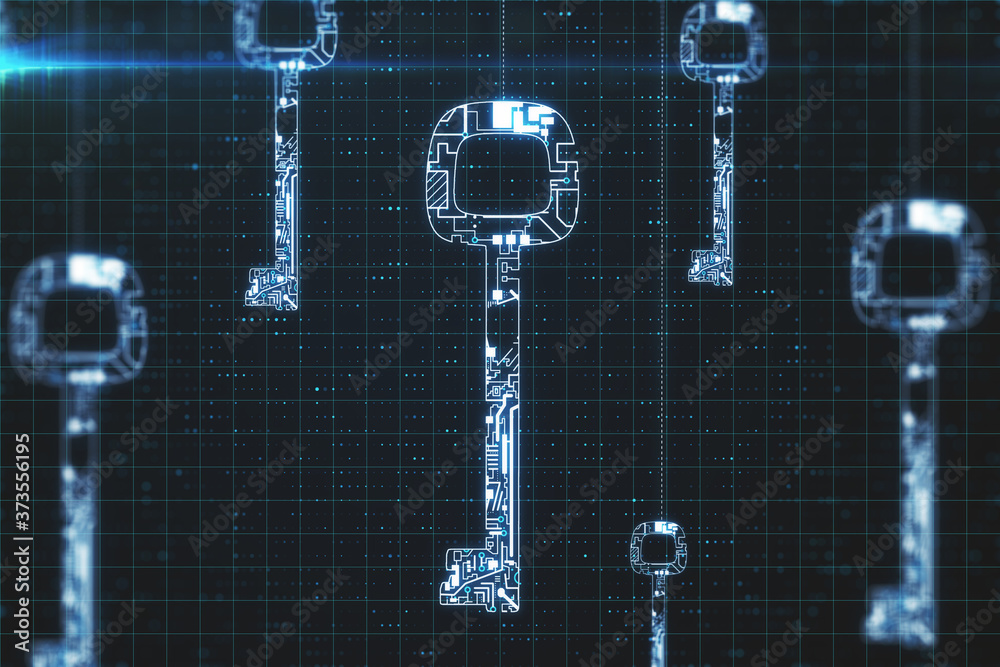 Poster Many glowing circuit digital key on dark  background.