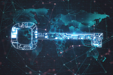 Glowing digital key and world map hologram.