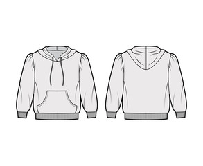 Cropped cotton-jersey hoodie technical fashion illustration with loose fit, puffed shoulders, elbow sleeves, front pocket. Flat jumper template front back grey color. Women men unisex sweatshirt top