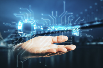 Hand holding glowing circuit digital key