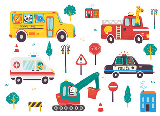 Funny kids transport set with animals and road signs. School bus, ambulance, excavator, fire engine, police car cartoon vector illustration isolated on white background © Elena